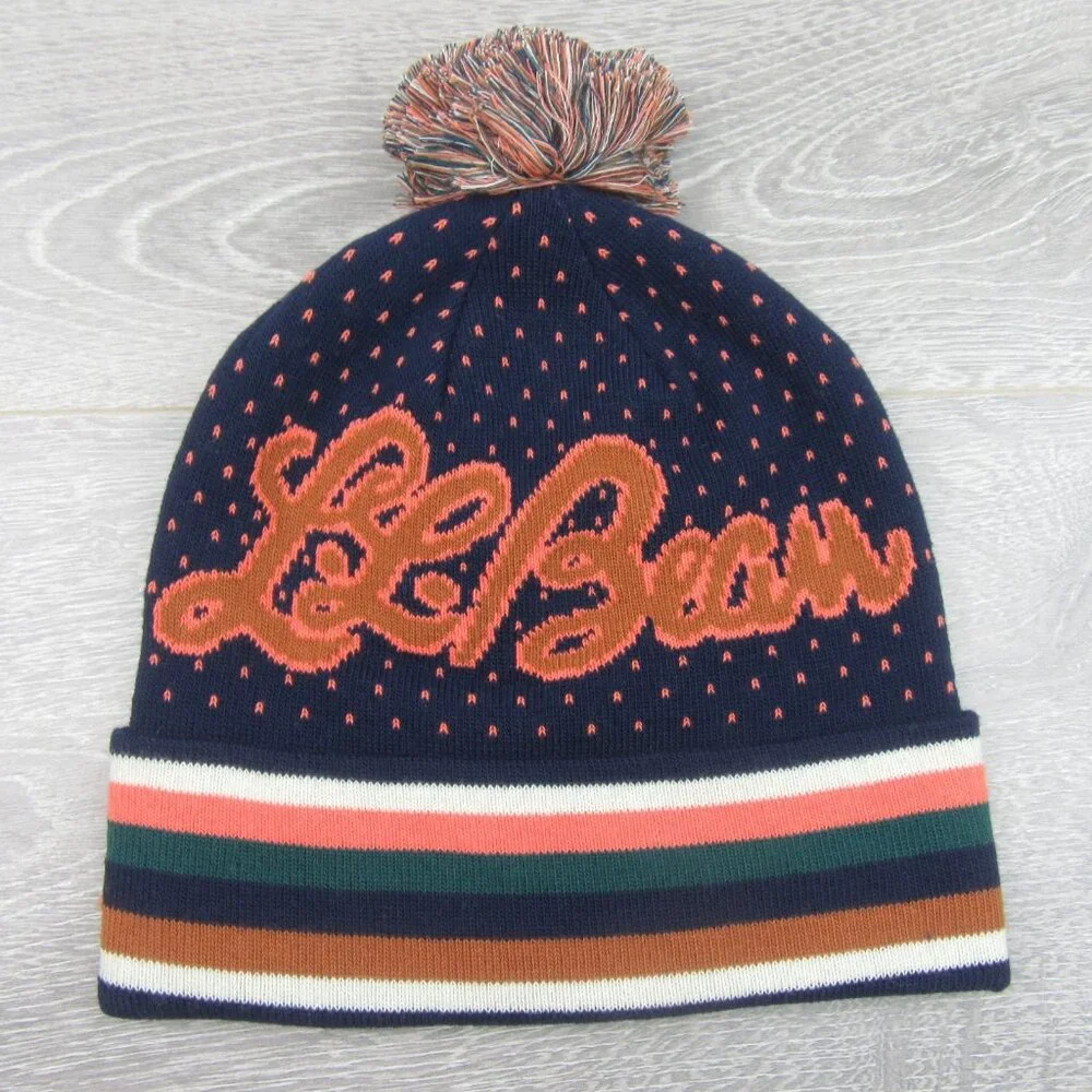 L.L. Bean Pom Beanie Cap Unisex One Size Fit Navy Multi NEW - Picture 2 of 9